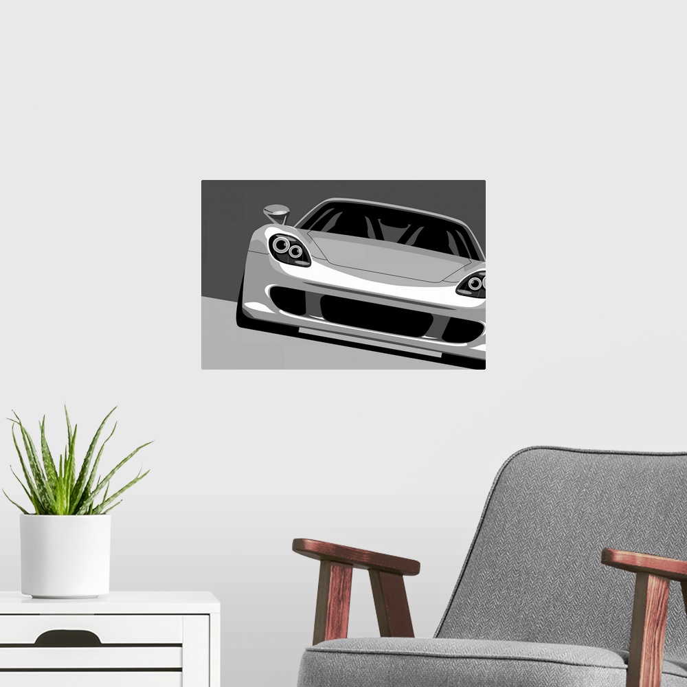 A modern room featuring Front view of a Porsche Carrera GT pop art drawing.
