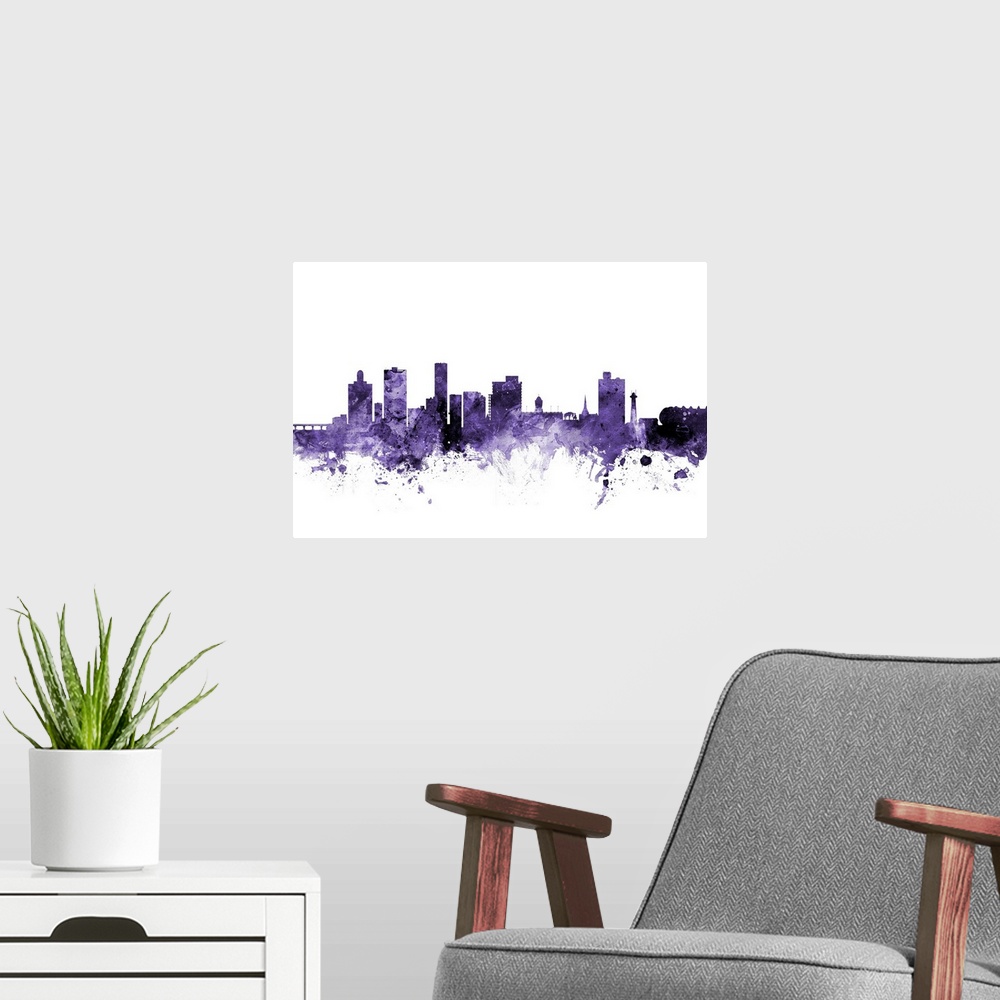 A modern room featuring Watercolor art print of the skyline of Port Elizabeth, South Africa