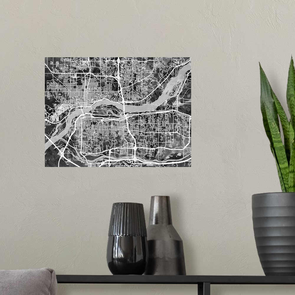 A modern room featuring Watercolor street map of Quad Cities, Illinois and Iowa, United States.