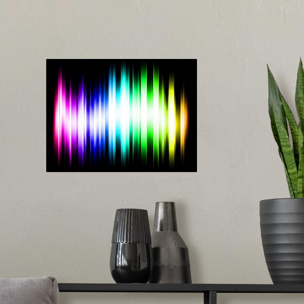 A modern room featuring Abstract Rainbow Spectrum Light Rays, Digital Art