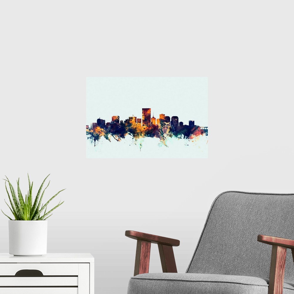 A modern room featuring Dark watercolor silhouette of the Richmond city skyline against a light blue background.