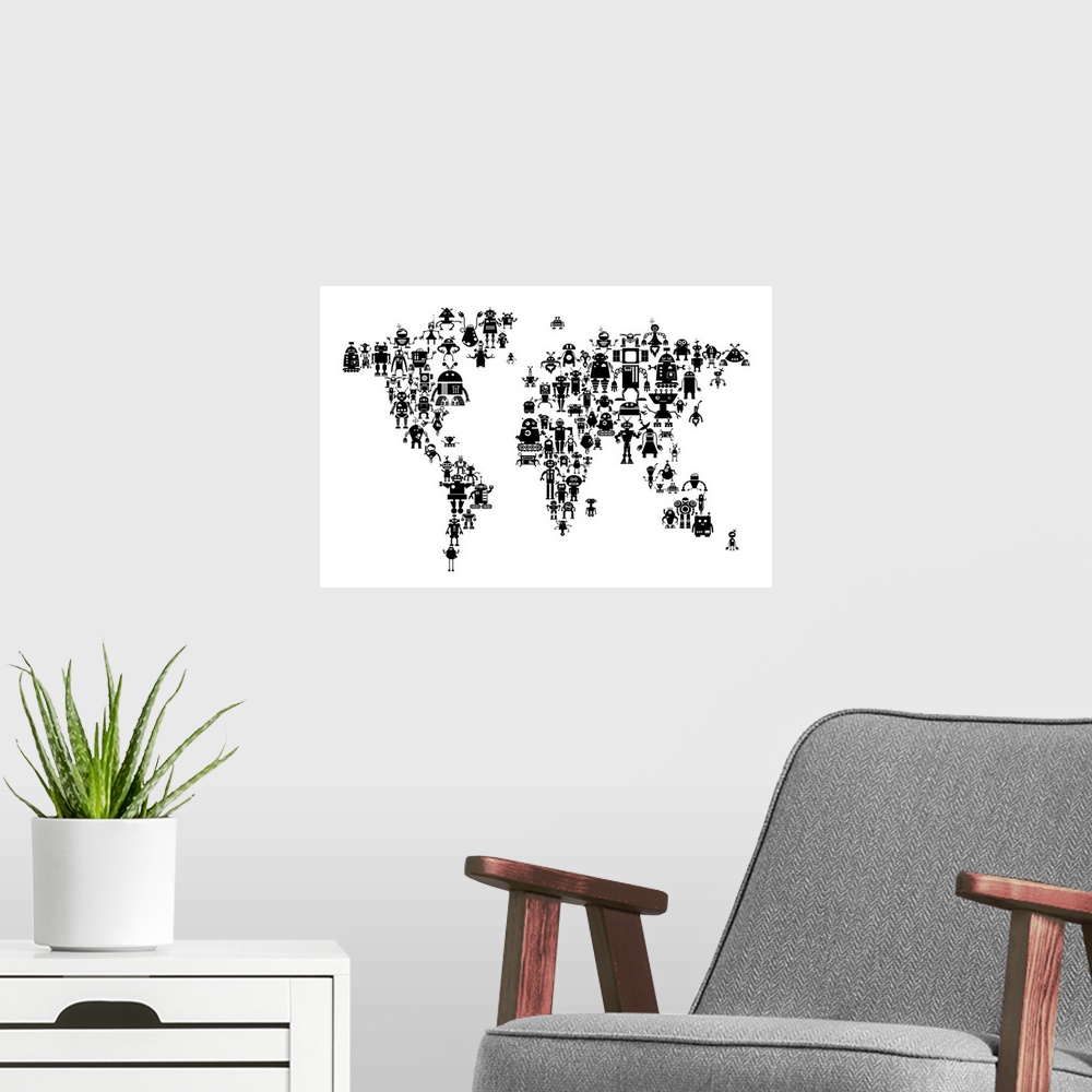 A modern room featuring Contemporary world map artwork made of robots.