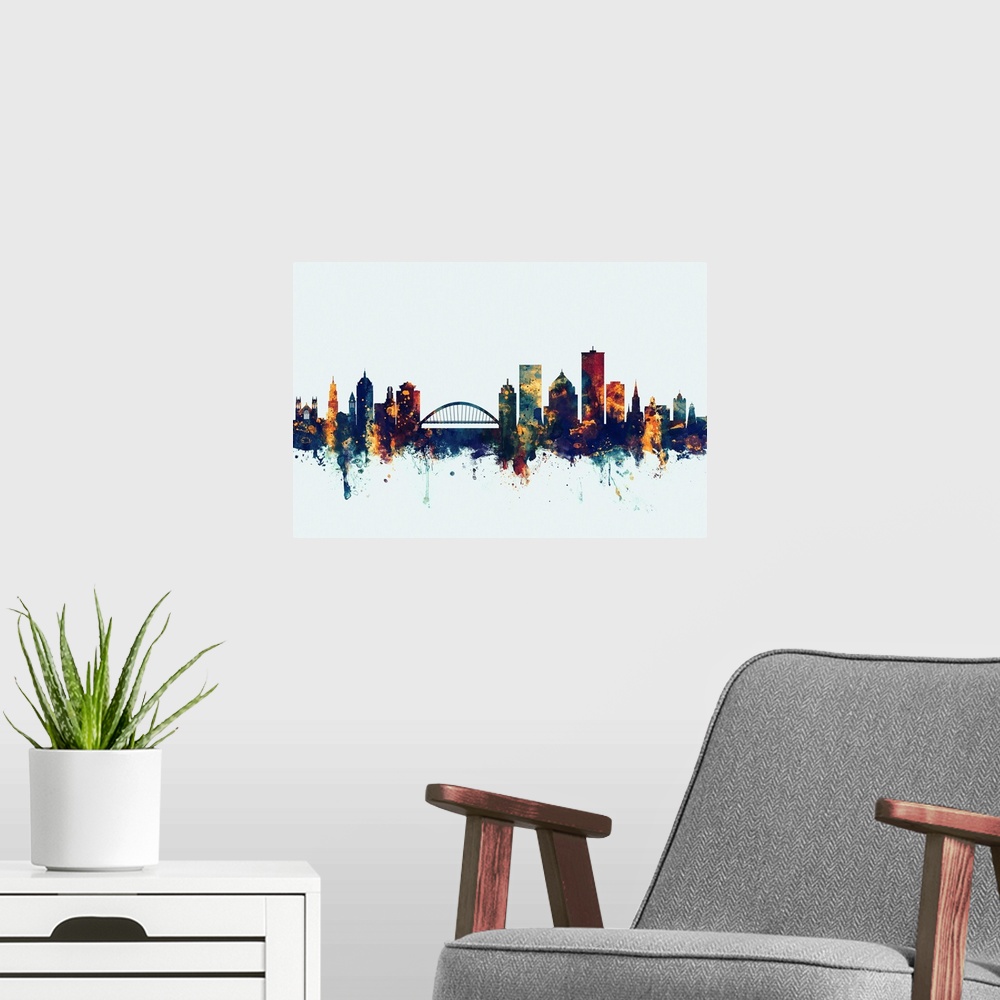 A modern room featuring Watercolor art print of the skyline of Rochester, New York, United States