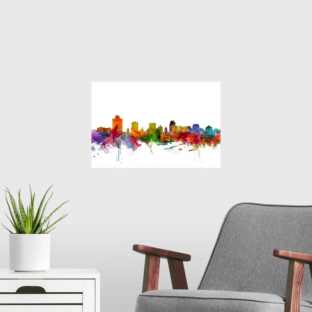 A modern room featuring Watercolor artwork of the Sat Lake City skyline against a white background.