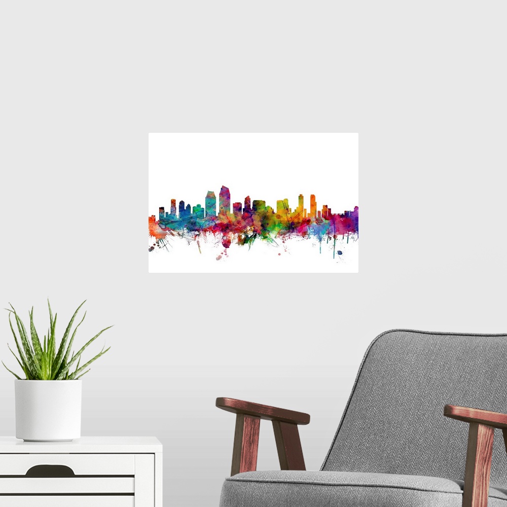 A modern room featuring Watercolor artwork of the San Diego skyline against a white background.