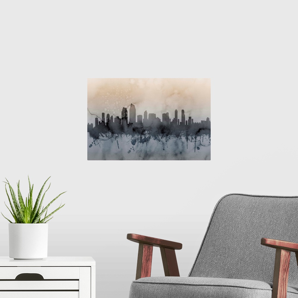 A modern room featuring Watercolor art print of the skyline of San Diego, California, United States