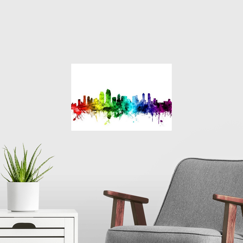 A modern room featuring Watercolor art print of the skyline of San Diego, California, United States.