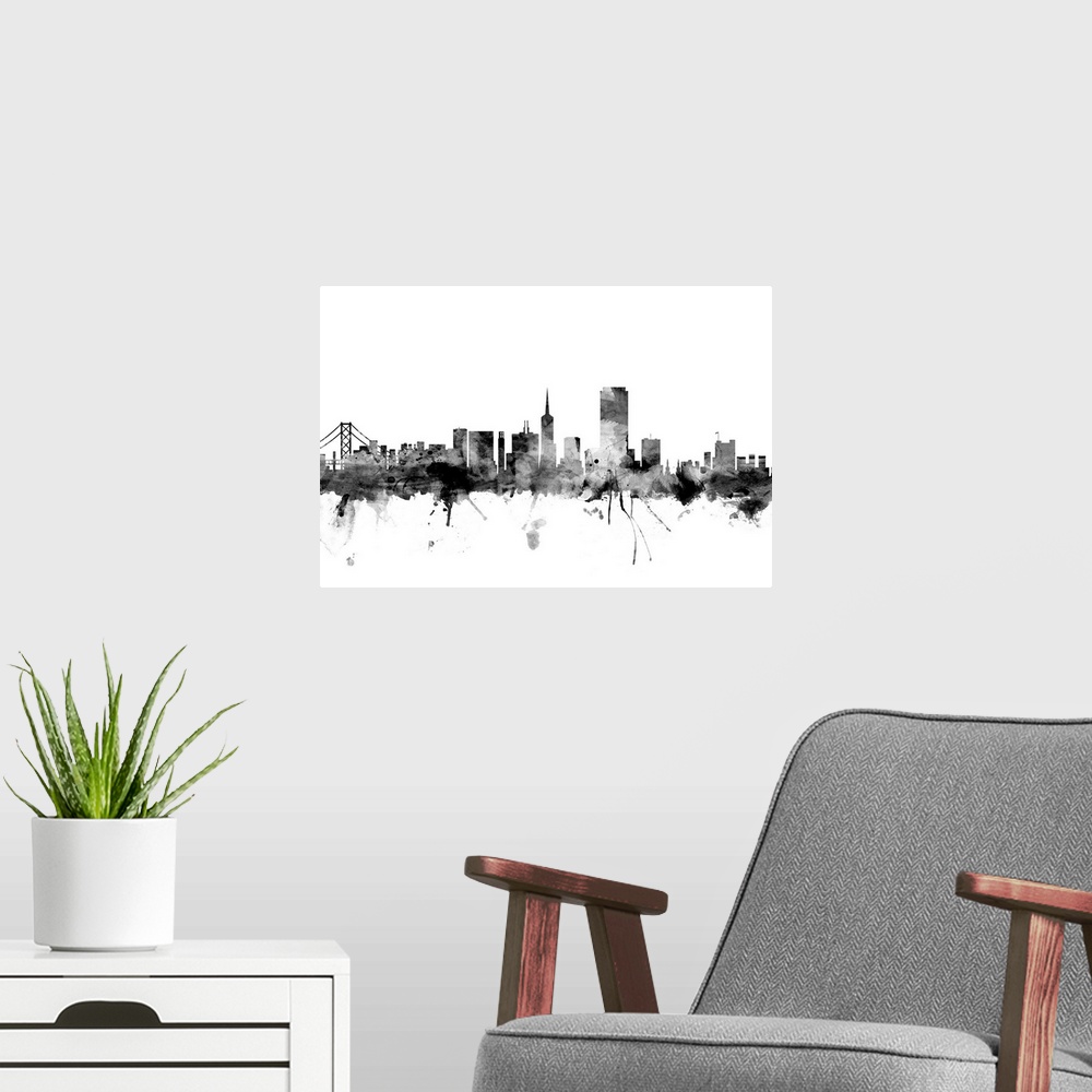 A modern room featuring Contemporary artwork of the San Francisco city skyline in black watercolor paint splashes.