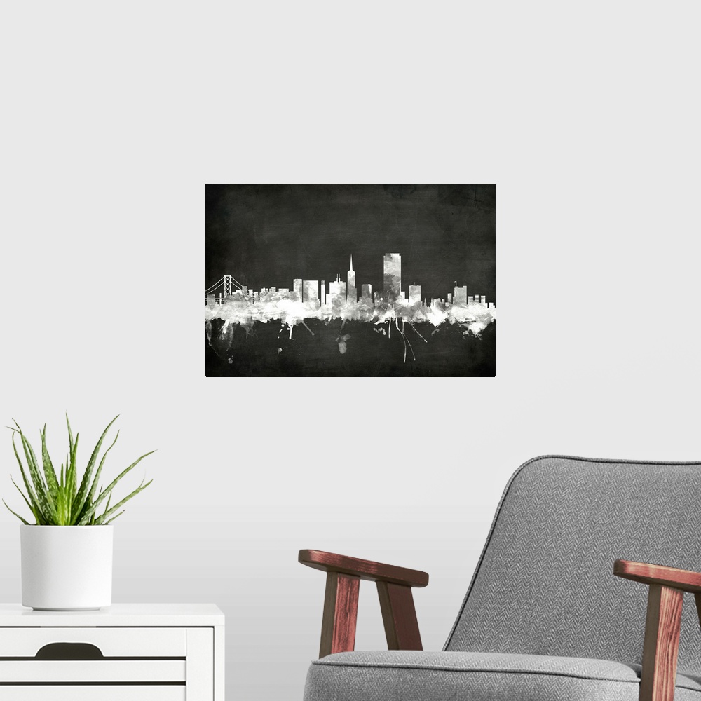 A modern room featuring Smokey dark watercolor silhouette of the San Francisco city skyline against chalkboard background.
