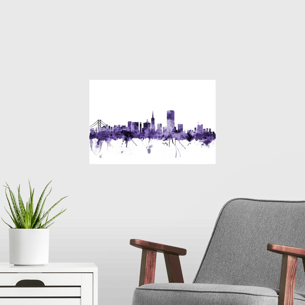 A modern room featuring Watercolor art print of the skyline of San Francisco, California, United States