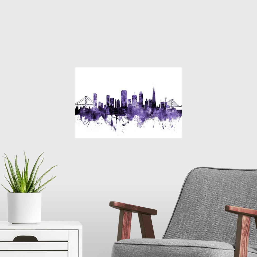 A modern room featuring Watercolor art print of the skyline of San Francisco, California, United States