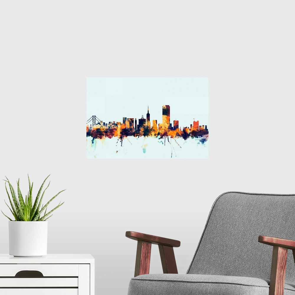 A modern room featuring Dark watercolor silhouette of the San Francisco city skyline against a light blue background.