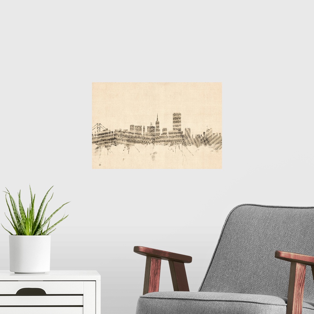 A modern room featuring San Francisco skyline made of sheet music against a weathered beige background.
