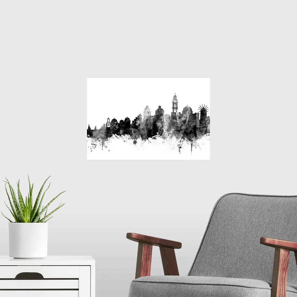 A modern room featuring Watercolor art print of the skyline of Santorini