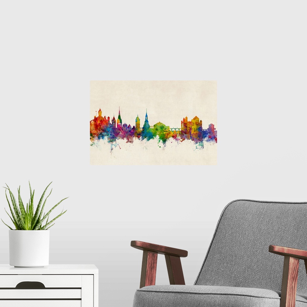 A modern room featuring Watercolor art print of the skyline of Schaffhausen, Switzerland