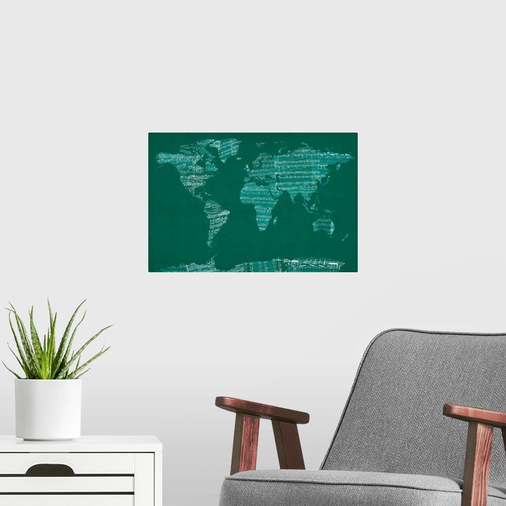 A modern room featuring Sheet Music World Map, Green