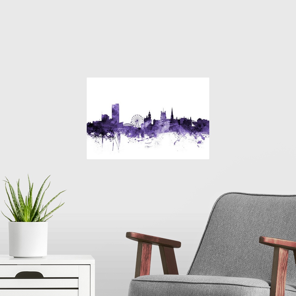 A modern room featuring Watercolor art print of the skyline of Sheffield, England, United Kingdom