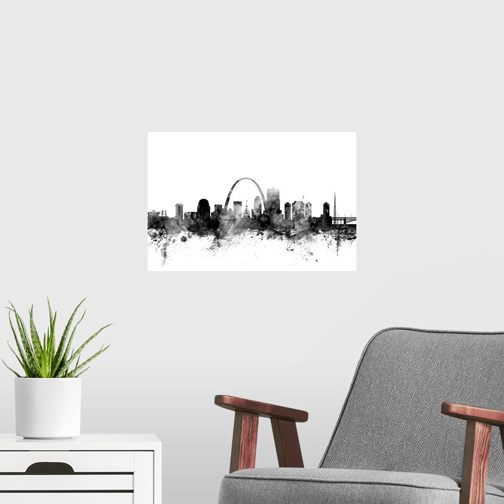 A modern room featuring Contemporary artwork of the St. Louis city skyline in black watercolor paint splashes.