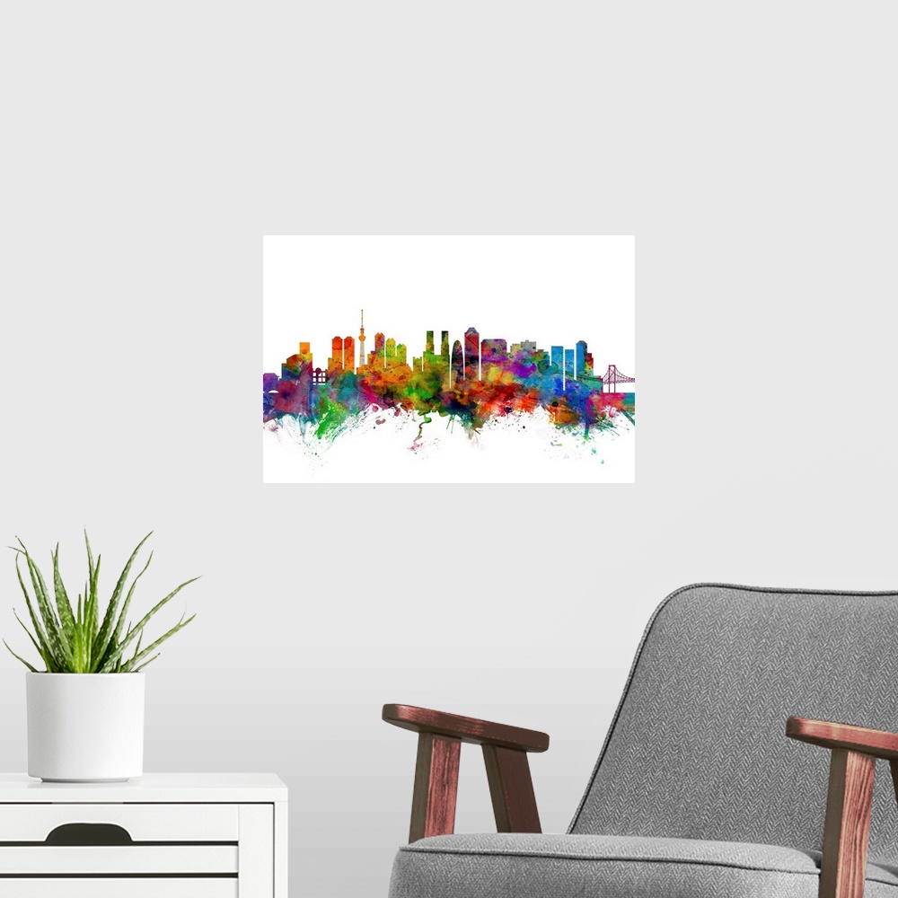 A modern room featuring Watercolor artwork of the Tokyo skyline against a white background.