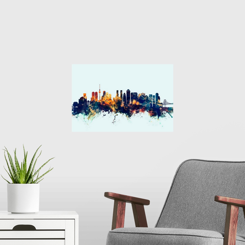 A modern room featuring Watercolor art print of the skyline of Tokyo, Japan.