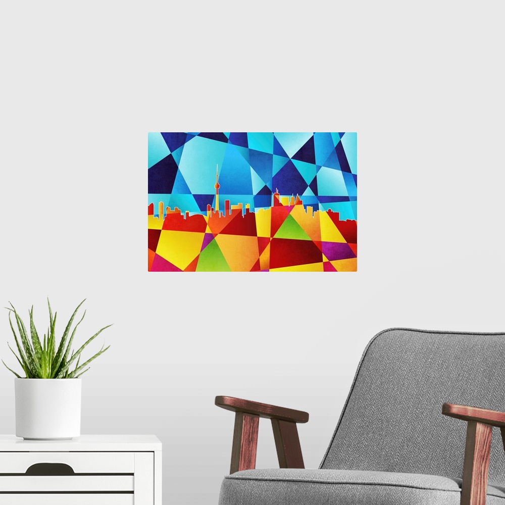A modern room featuring Contemporary artwork of a geometric and prismatic skyline of Toronto.