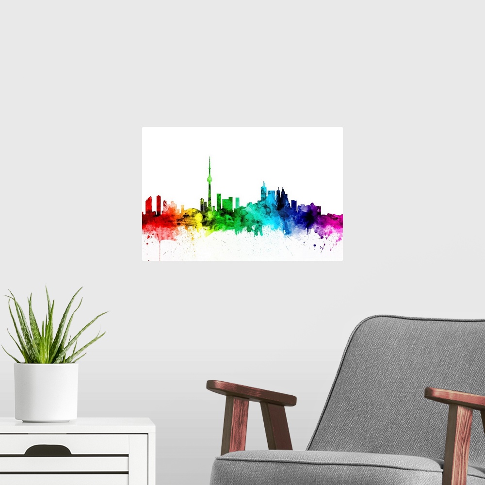 A modern room featuring Watercolor art print of the skyline of Toronto, Canada.