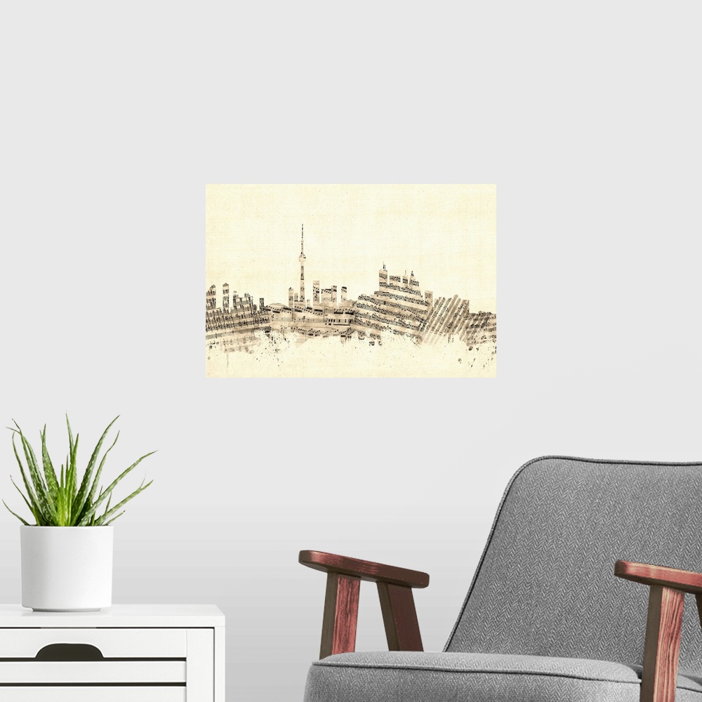 A modern room featuring Toronto skyline made of sheet music against a weathered beige background.