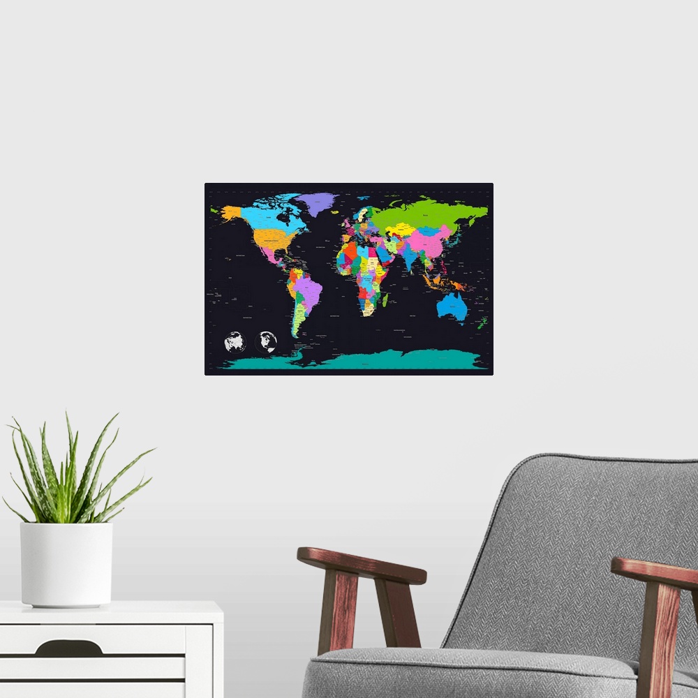 A modern room featuring Map of the world with country and state boundary lines, latitude and longitude, and two smaller i...
