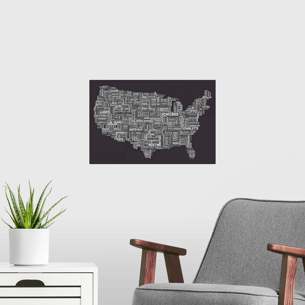 A modern room featuring United States Cities Text Map, Grey