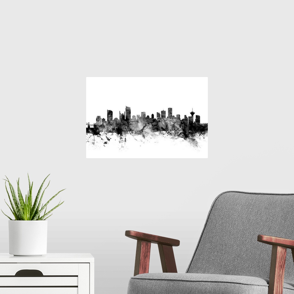 A modern room featuring Contemporary artwork of the Vancouver city skyline in black watercolor paint splashes.