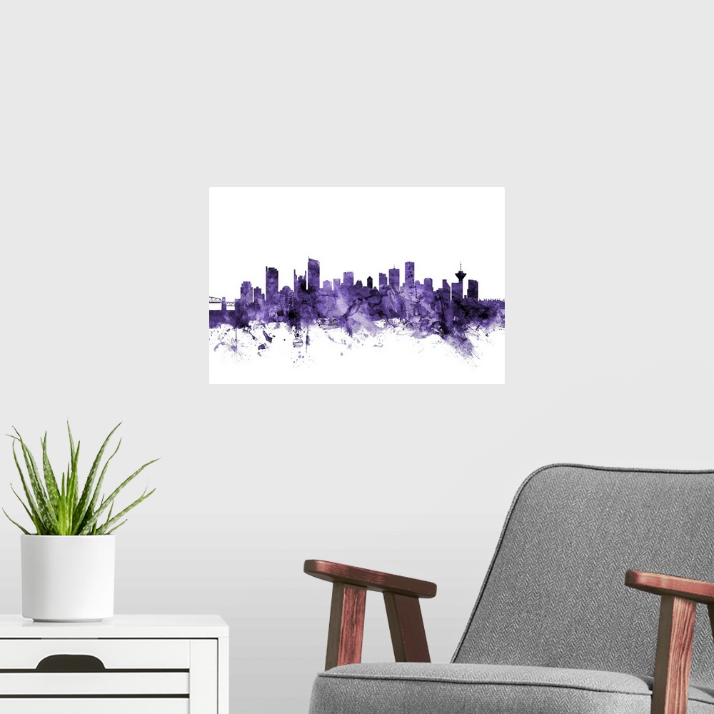 A modern room featuring Watercolor art print of the skyline of the city of Vancouver, British Columbia, Canada