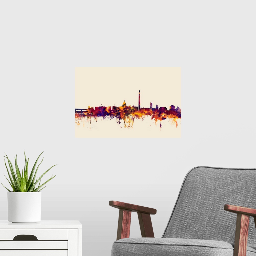 A modern room featuring Watercolor artwork of the Washington skyline against a beige background.