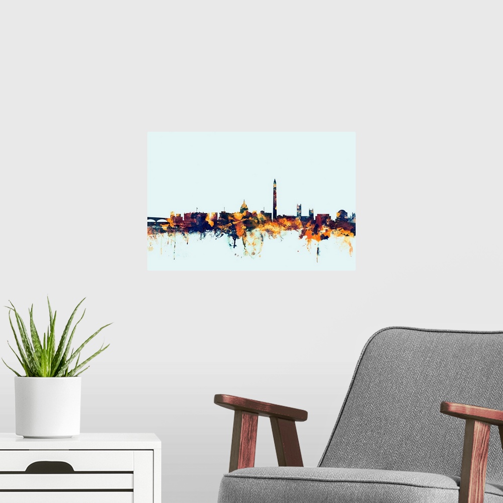 A modern room featuring Dark watercolor silhouette of the Washington DC city skyline against a light blue background.