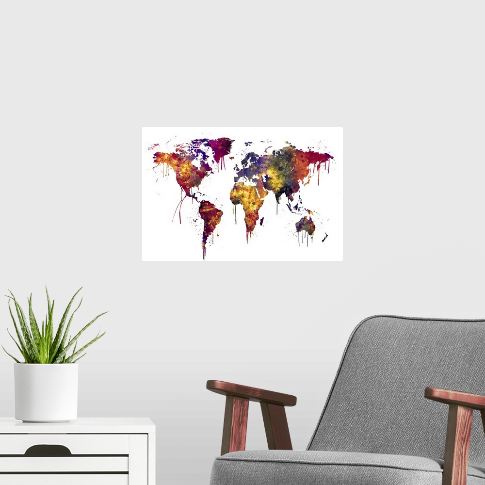 A modern room featuring A bright and colorful watercolor world map.