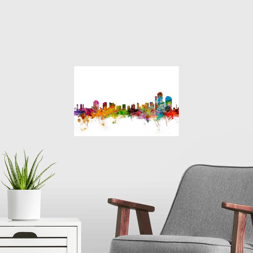 A modern room featuring Watercolor artwork of the Wilmington skyline against a white background.
