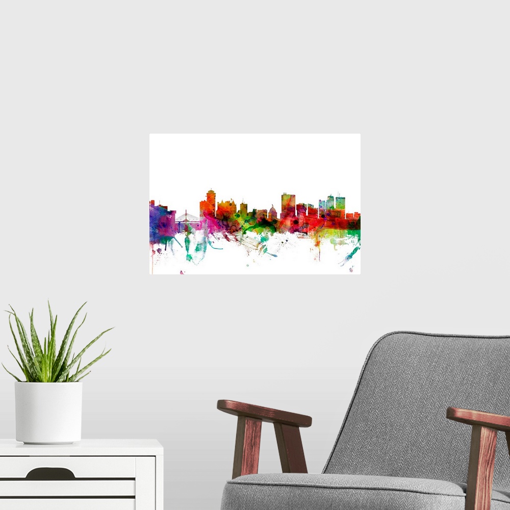 A modern room featuring Watercolor artwork of the Winnipeg skyline against a white background.