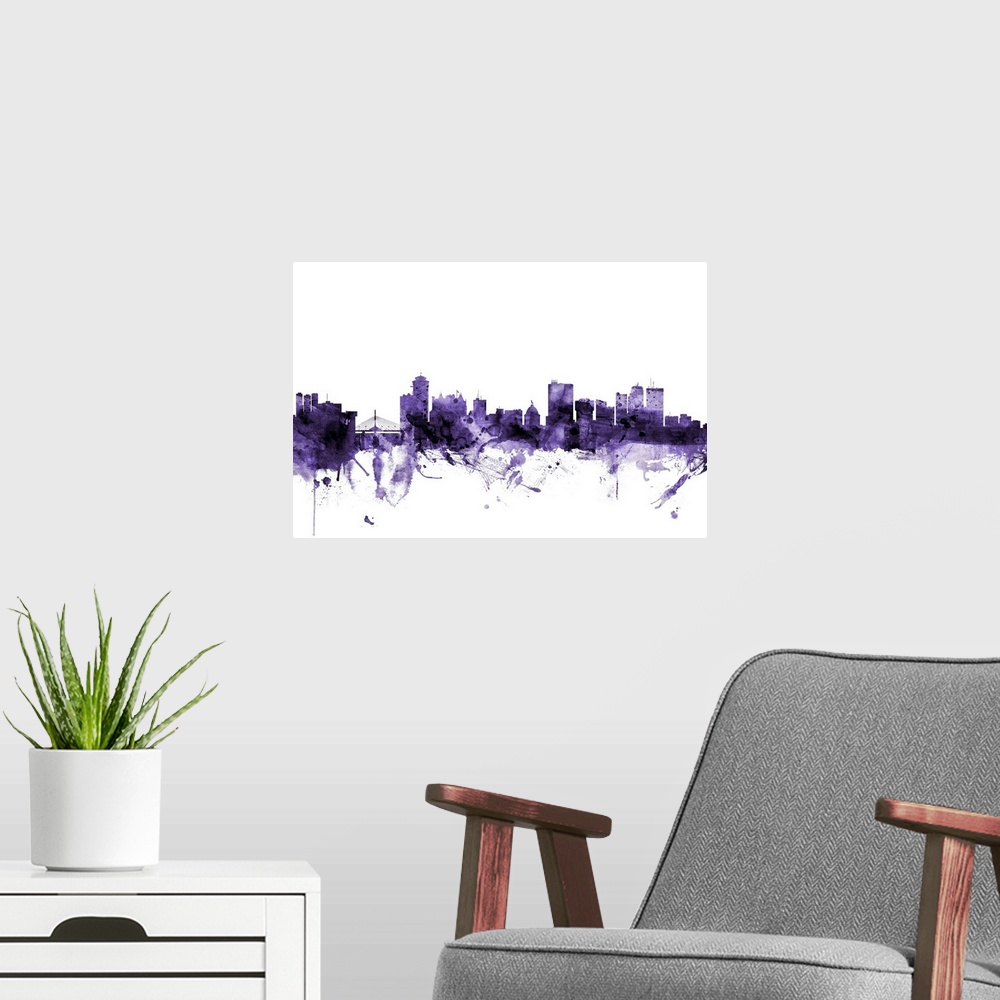 A modern room featuring Watercolor art print of the skyline of the city of Winnipeg, Manitoba, Canada