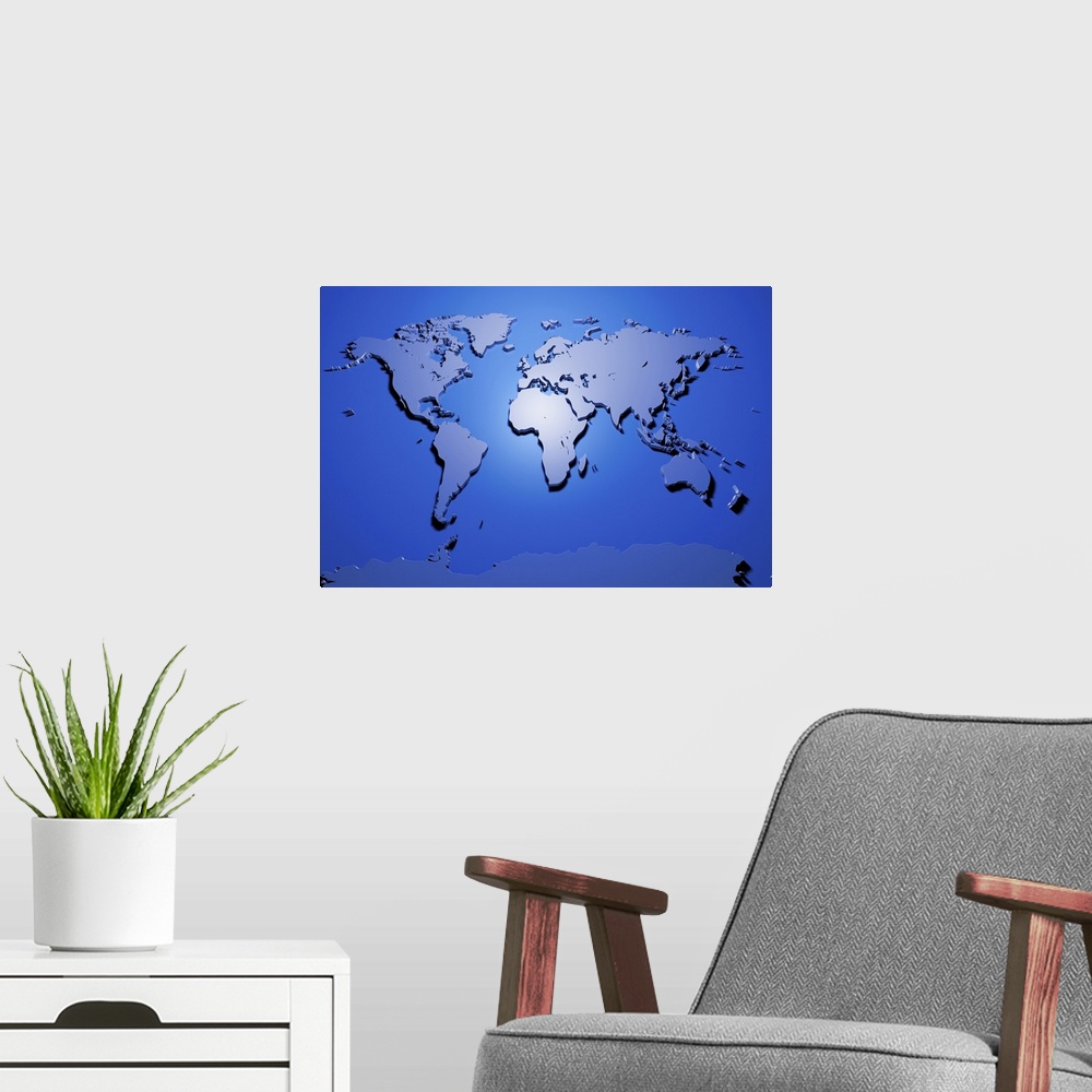 A modern room featuring A map of the world in blue, created from a 3D digital render. Maps come in many shapes and forms....