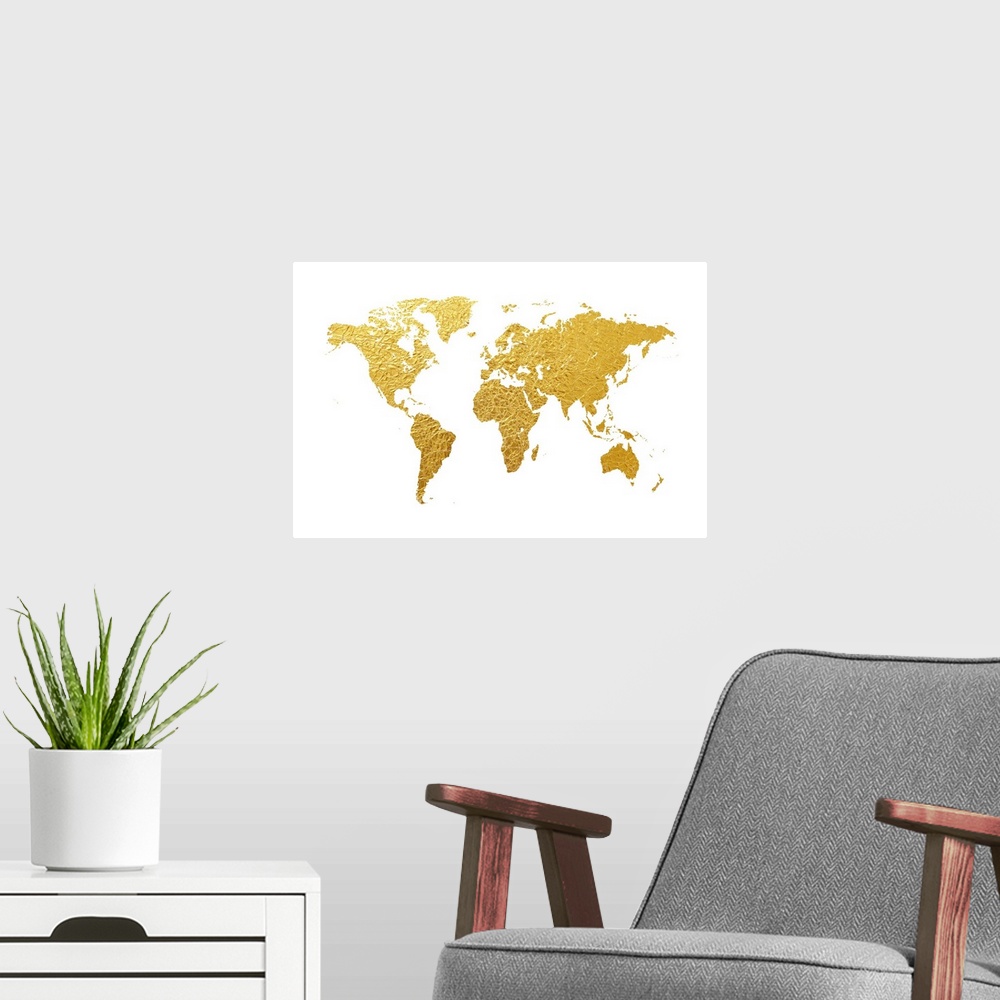 A modern room featuring World Map appearing to be made from gold foil.