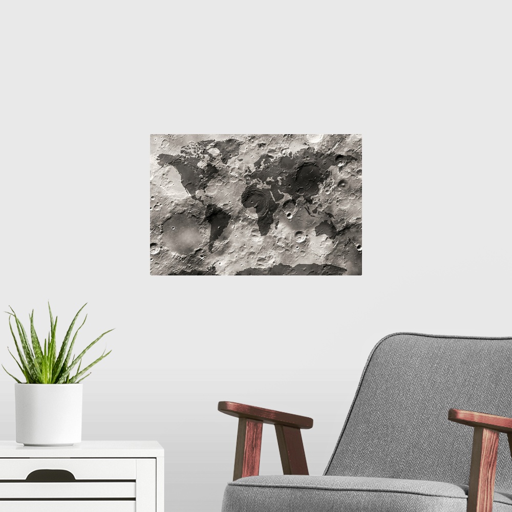 A modern room featuring World map on Moon's surface