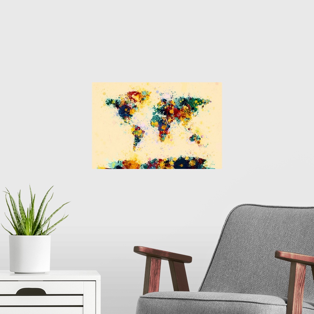 A modern room featuring World Map Paint Splashes, Green and Yellow