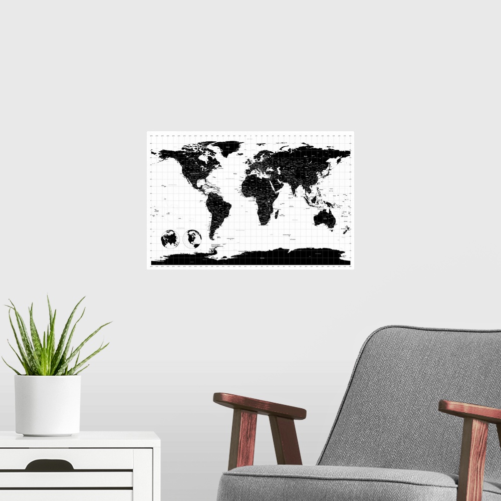 A modern room featuring Horizontal, large wall hanging of the world map in black, on a white background, with longitude a...