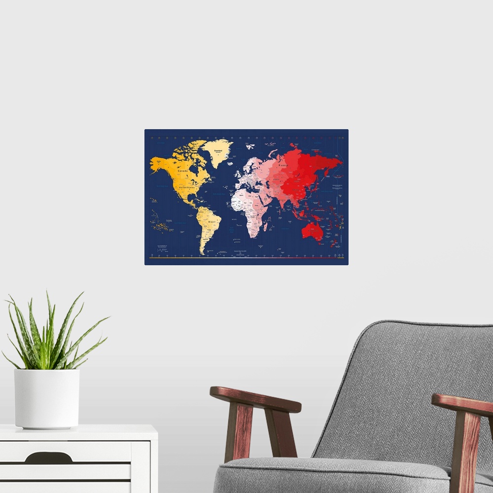 A modern room featuring Horizontal, oversized art of a world time zone map on a solid background.