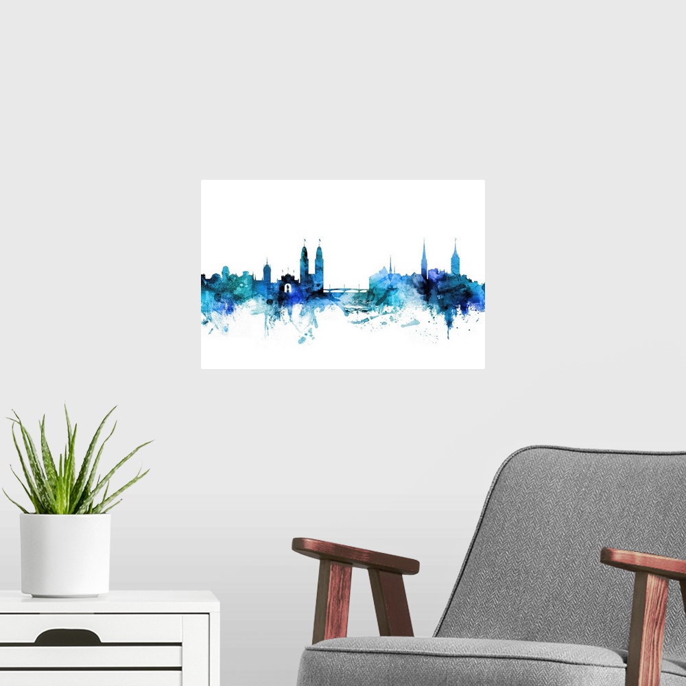 A modern room featuring Watercolor art print of the skyline of Zurich, Switzerland in shades of blue.