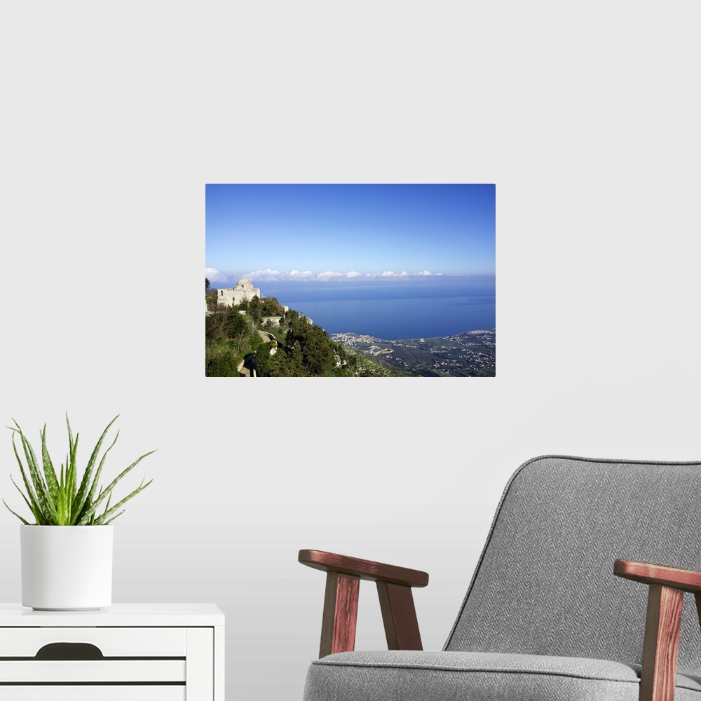 A modern room featuring Mediterranean Sea view from the village of Erice, Sicily, Italy.