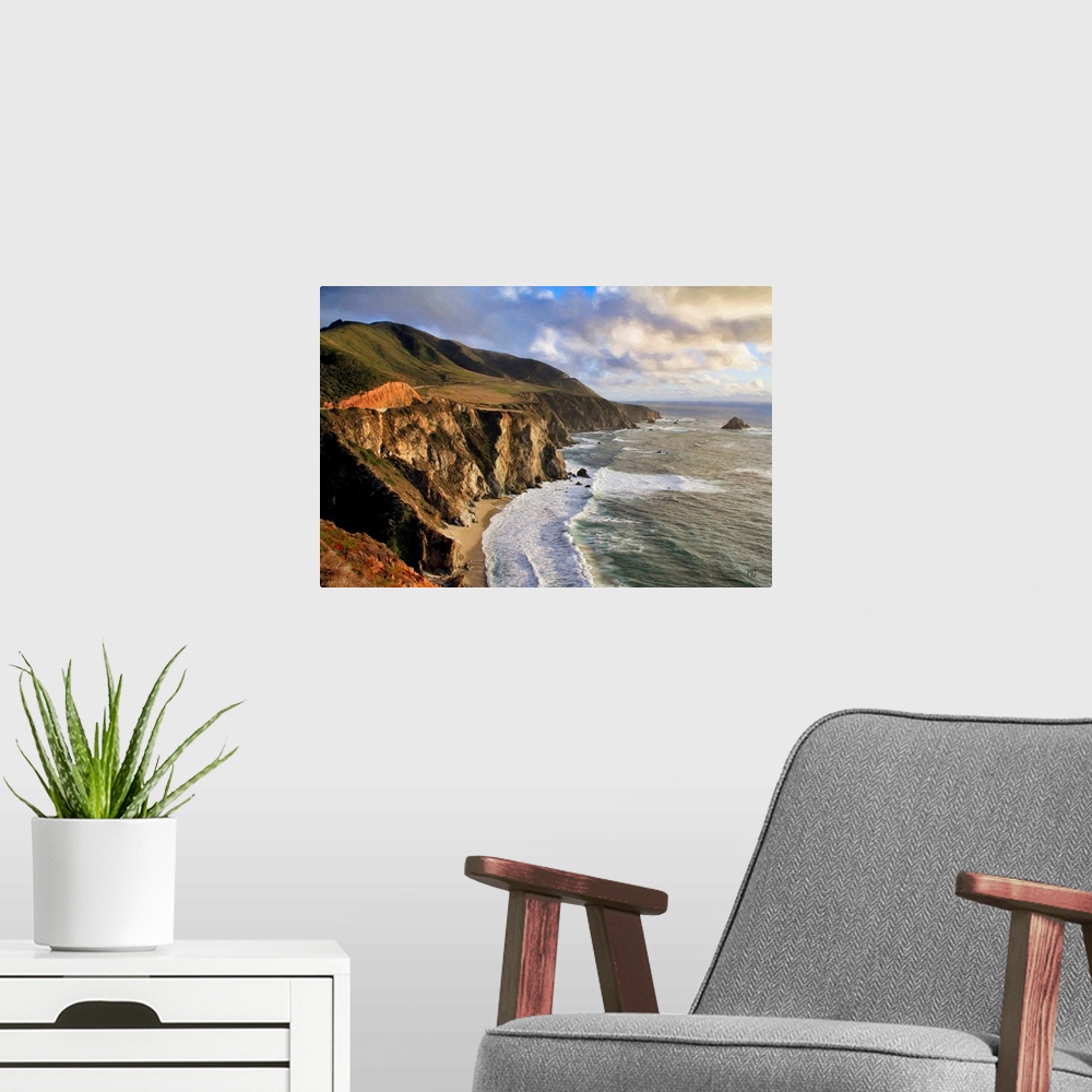 A modern room featuring A view from the spectacular mountains and cliffs just south of the Bixby Bridge in Big Sur. Accla...
