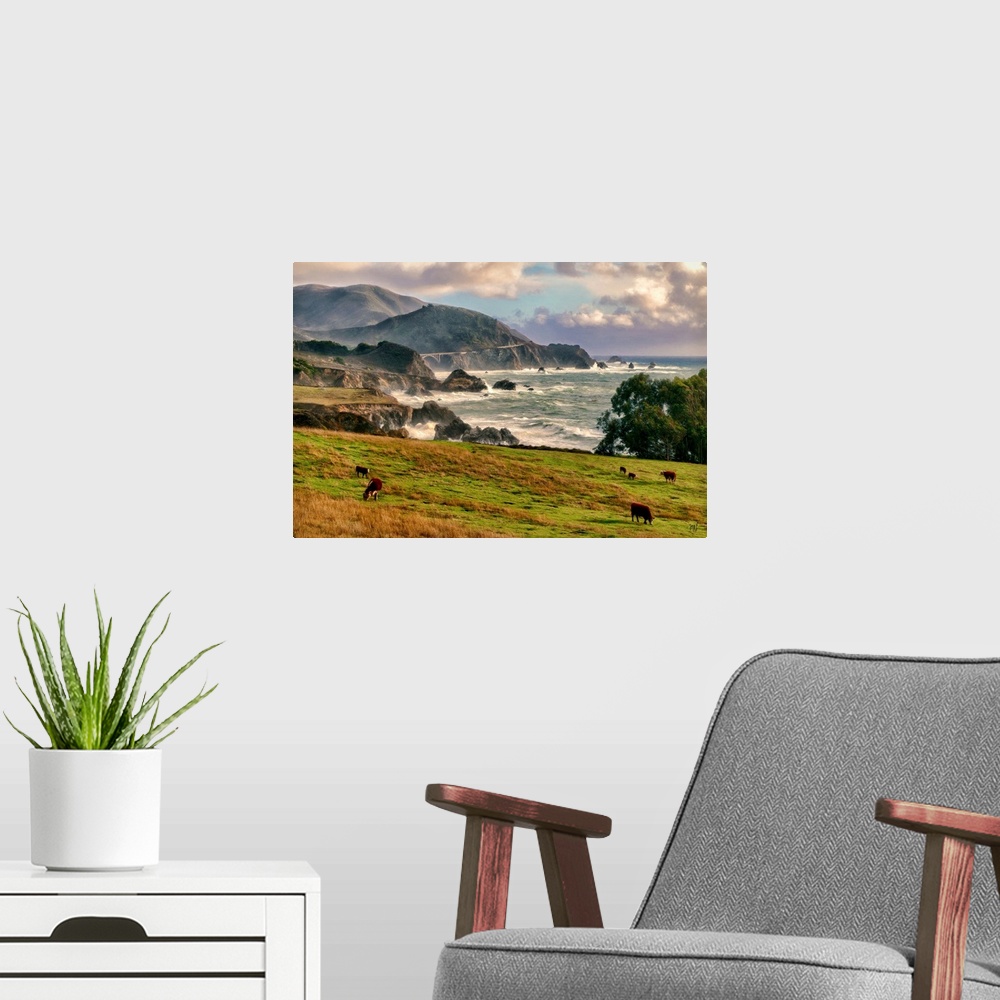 A modern room featuring Cows graze just south of Rocky Point and north of the Rocky Creek Bridge in Big Sur. Acclaimed ar...