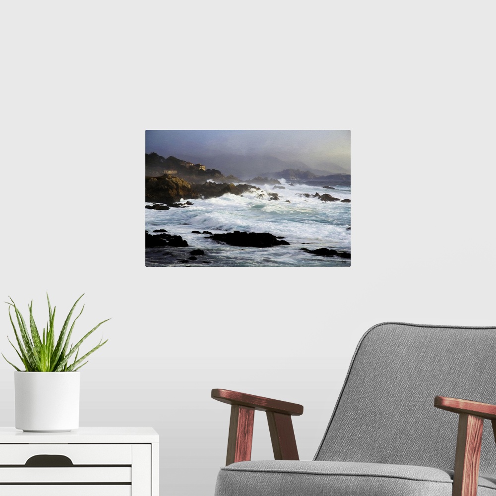 A modern room featuring The sun breaks through dark and stormy clouds on this evening in Pebble Beach, California, creati...