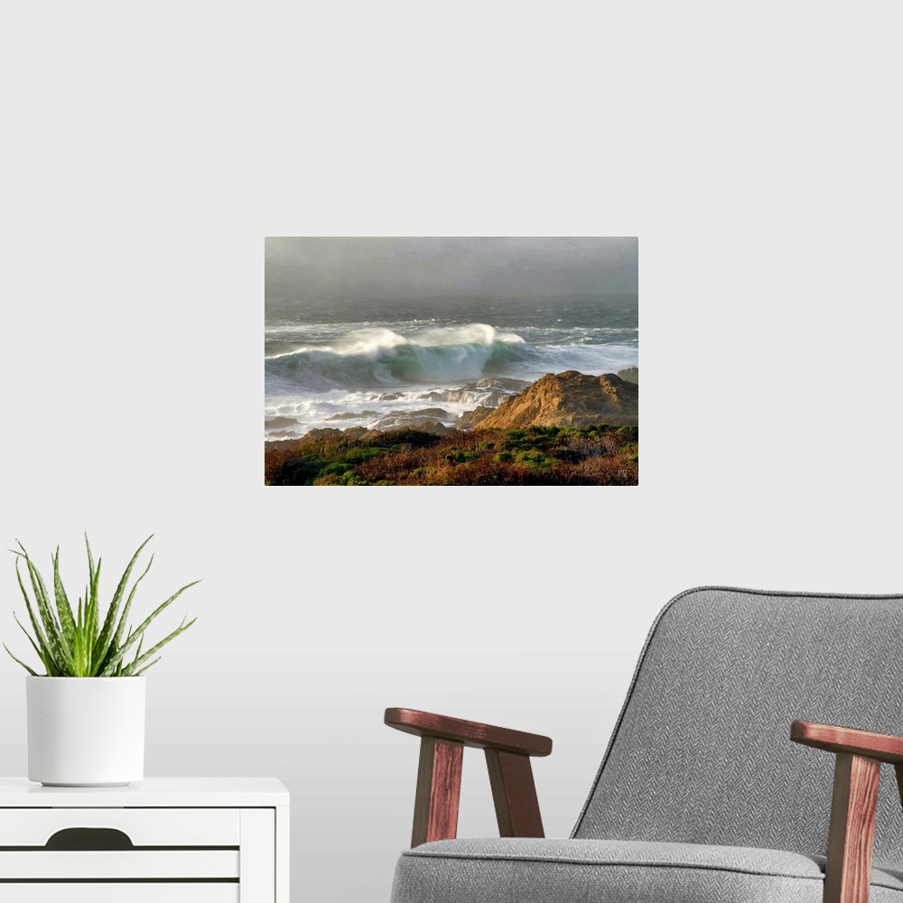 A modern room featuring A large wave rushes toward the Bir Sur shoreline as the sun breaks through receding fog. Inspired...
