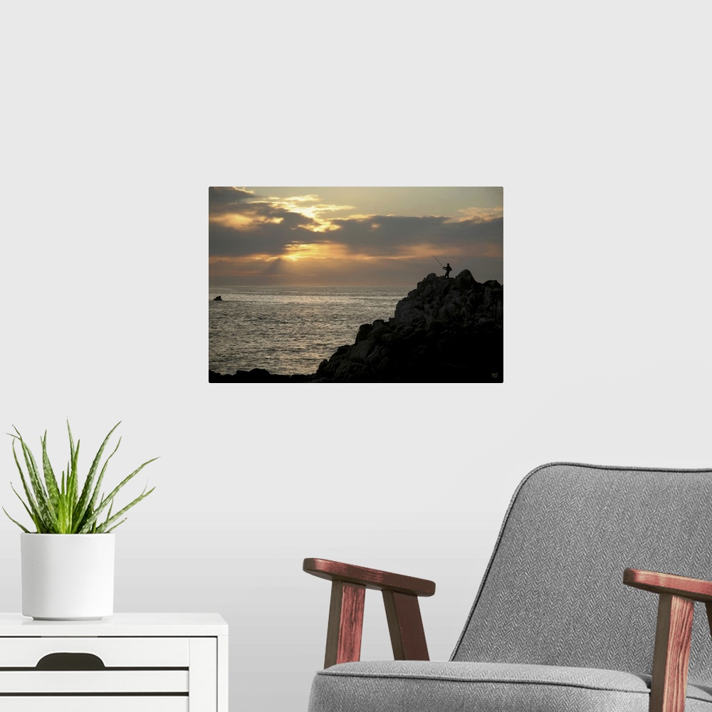 A modern room featuring A fisherman casts his line at sunset in Pacific Grove, California, in this alluring piece of artw...